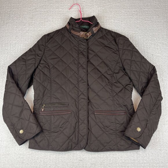 Polo Ralph Lauren Womens Size L Quilted Snap Zip Jacket Brown Equestrian Lined - Picture 1 of 16